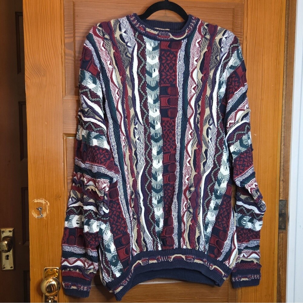 Vtg Biggie Coogie Geometric Cable Knit Sweater Mens XL Hip Hop 1990s 100% Cotton